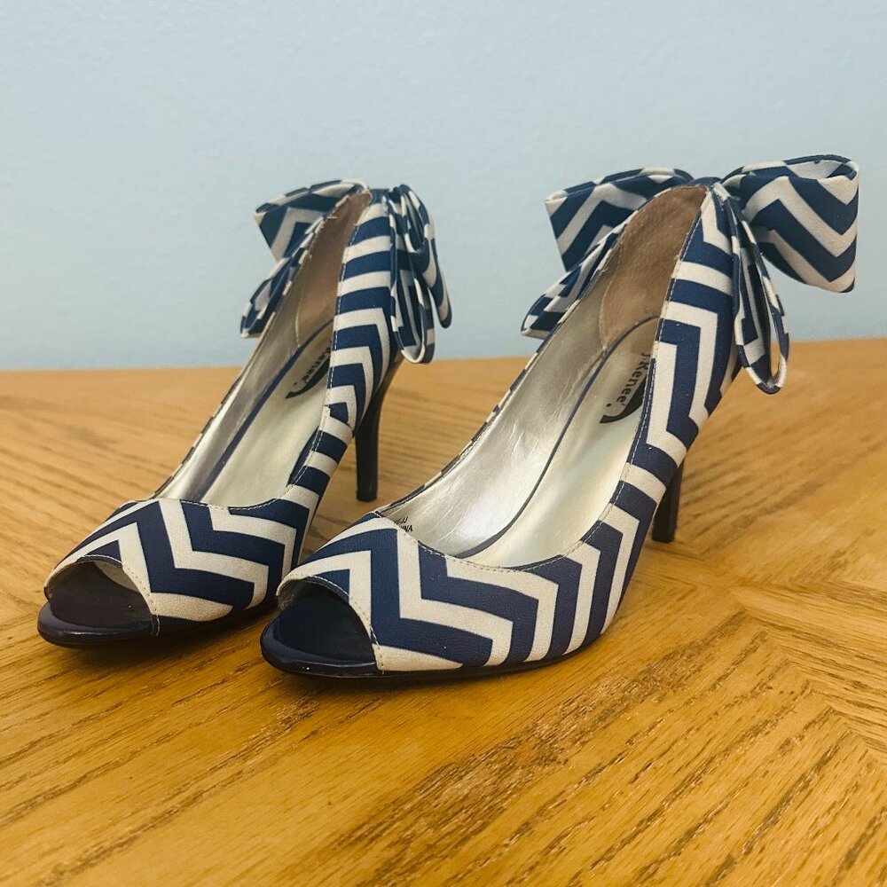 J Renee Open Toe Pumps Blue White Bow And Zigzag Stripes Peep Toe Heels Size 6.5